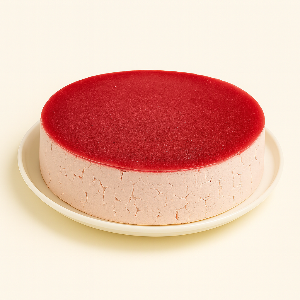 Side view of a strawberry mousse cake on a white plate. The cake has a vivid red, glossy top and a pale pink mousse layer with a slightly cracked texture, set against a soft cream background.