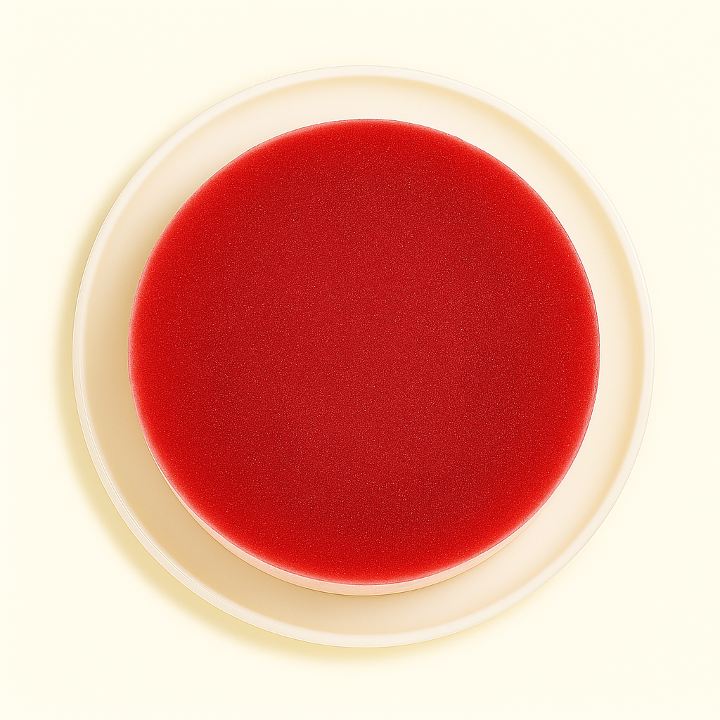 Aerial view of a strawberry mousse cake on a white plate, featuring a smooth, glossy red surface. The mousse is presented against a light cream-colored background.