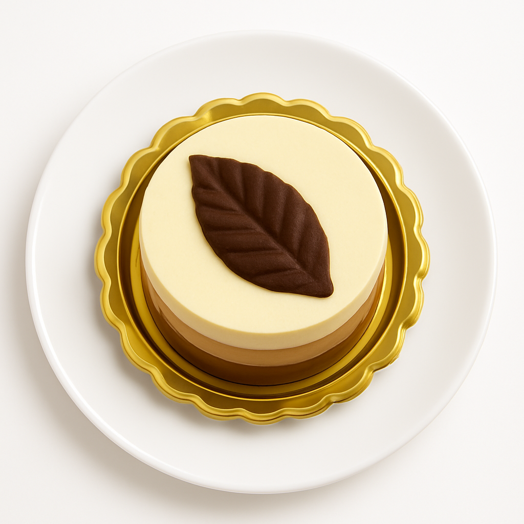 Top view of a layered three-chocolate mousse cake on a gold base and white plate, decorated with a chocolate leaf on top.