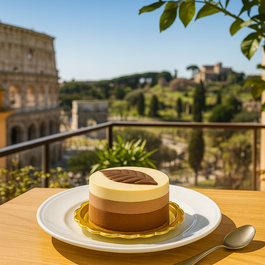 Three-chocolate mousse cake on a white plate with a gold base, topped with a chocolate leaf, photographed on a terrace overlooking the Colosseum and Roman skyline.