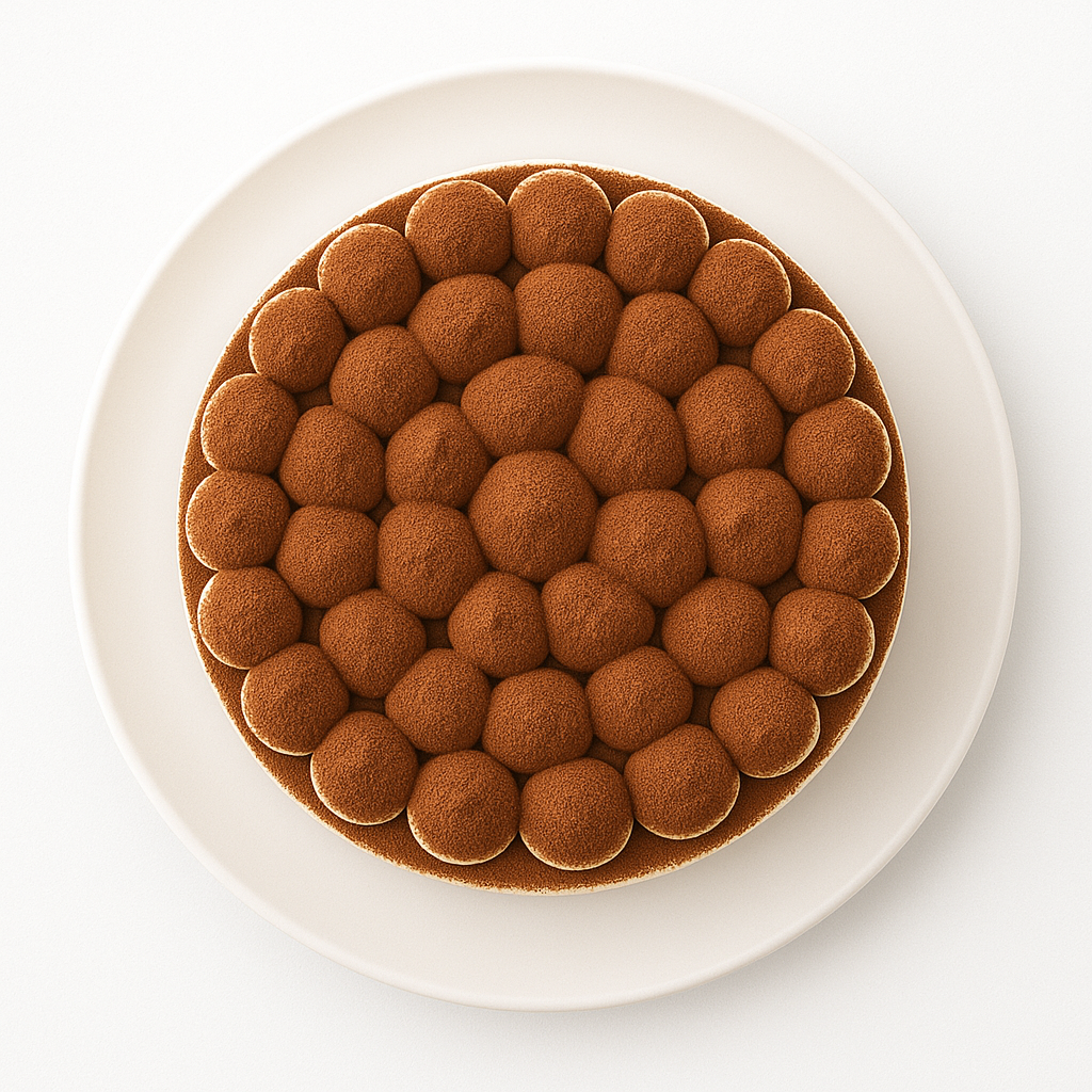 Top-down view of a round tiramisu cake arranged with neat rows of domed cream peaks dusted in cocoa powder, displayed on a simple white plate.