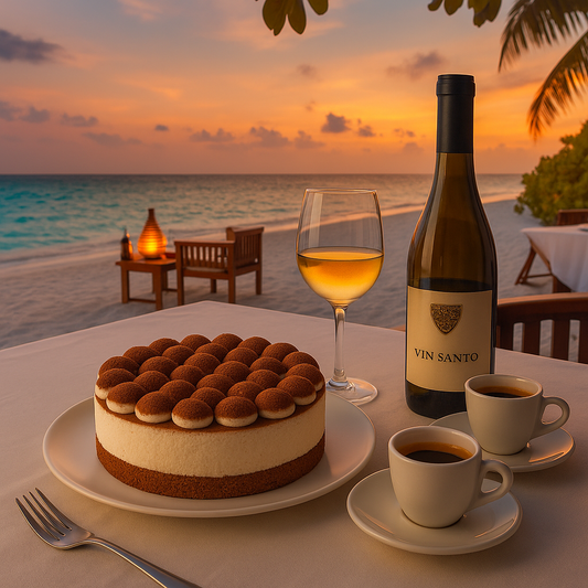 A small round tiramisu cake weighing approximately 600 grams sits on a white plate atop a beachside dining table covered with a white cloth. The tiramisu has a smooth layer of mascarpone topped with neat domes of cocoa-dusted cream. Beside it are a bottle of Vin Santo dessert wine, a filled wine glass, and two cups of espresso on saucers. In the background, the sun sets over a calm ocean, casting warm hues of orange and pink across the sky, with wooden chairs and lanterns arranged on the sandy beach beneath