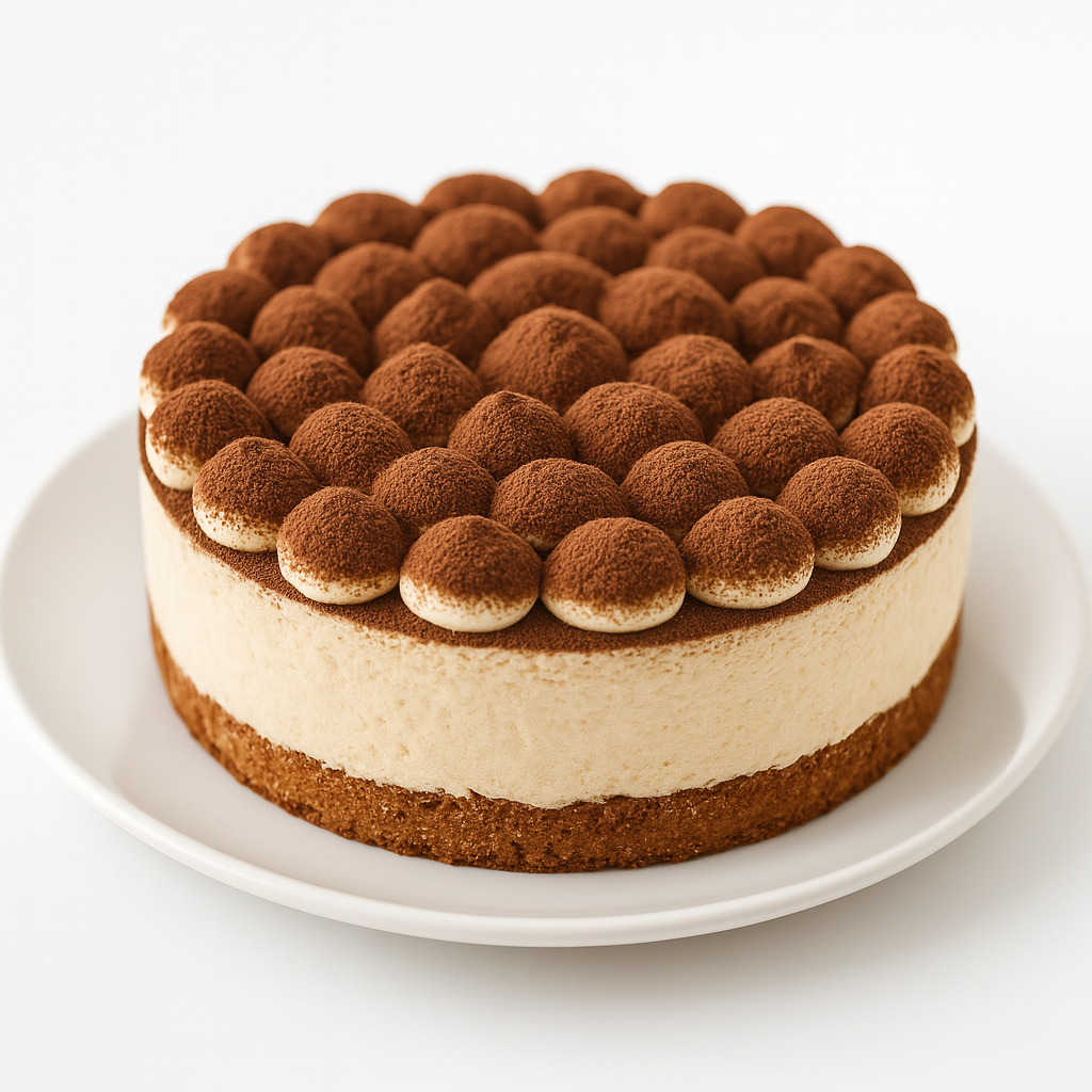 A close-up side view of a round tiramisu cake on a white plate, showing layers of creamy filling and a brown cake base, topped with evenly spaced domes of cream dusted in cocoa powder.