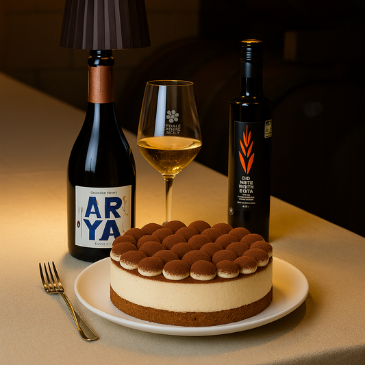 A round tiramisu cake with domed cocoa-dusted cream peaks sits on a white plate on a table set for fine dining. A wine bottle with a modern label, a glass of white wine, and a tall bottle of olive oil stand nearby under warm ambient lighting.