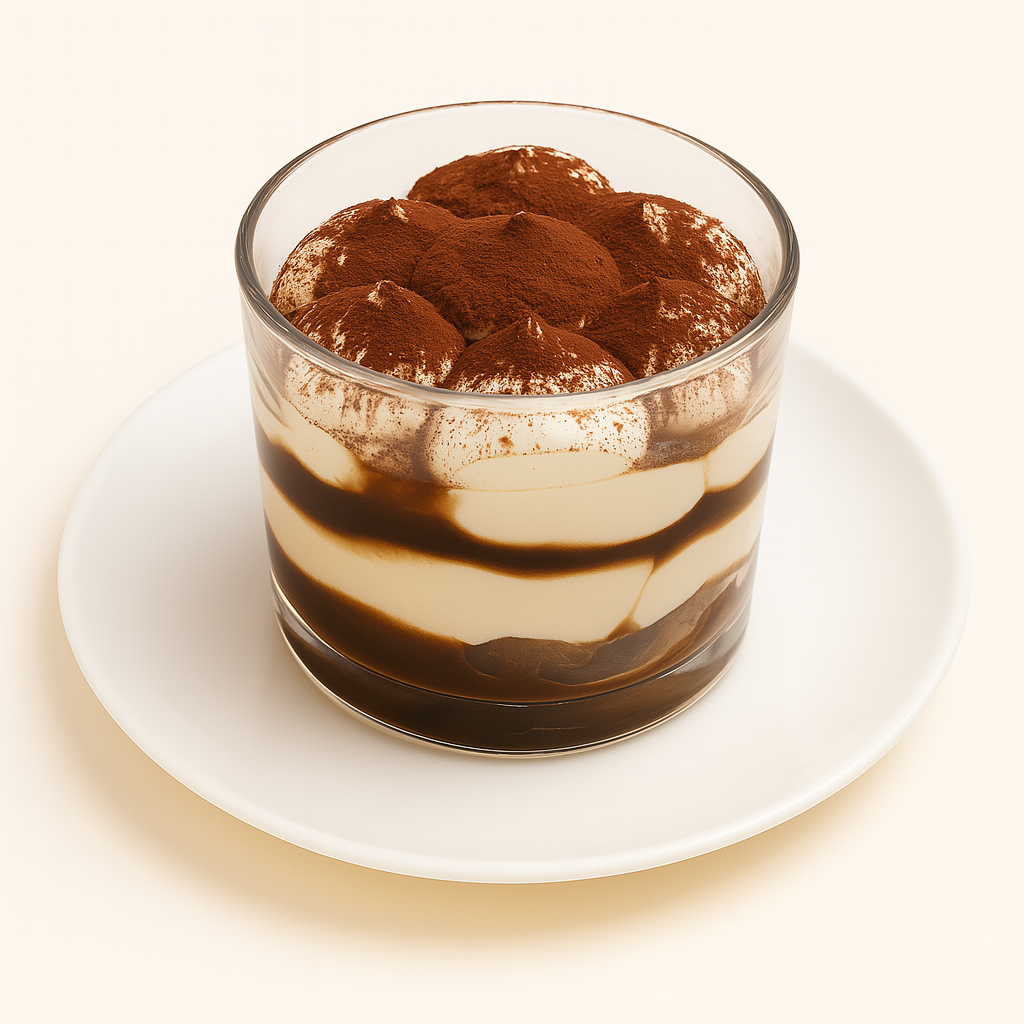 Individual tiramisù served in a glass cup, showcasing creamy layers of mascarpone and coffee-soaked cake, topped with cocoa powder, placed on a white plate.