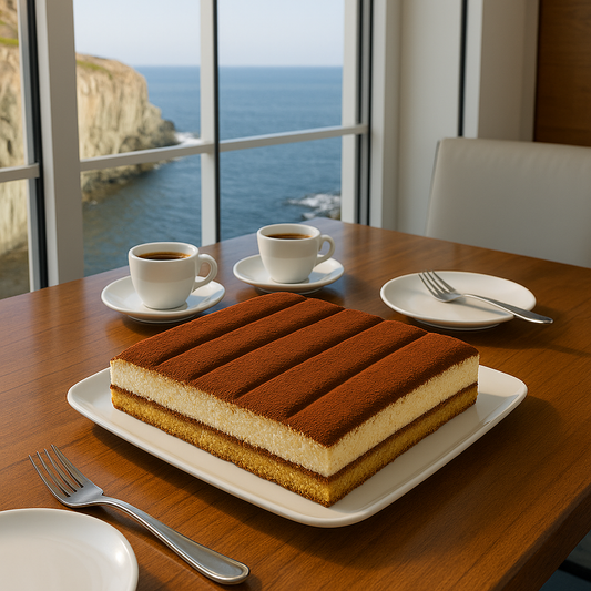 A rectangular tiramisu with two distinct layers—a bottom layer of coffee-soaked ladyfingers and a thick top layer of creamy mascarpone—is dusted evenly with cocoa powder and divided into five vertical ridges running along its longer side. The dessert sits on a white rectangular plate atop a polished wooden table in a modern seaside restaurant, with two cups of espresso, white dessert plates, and forks arranged neatly around it. Large windows reveal a scenic coastal view of cliffs and the ocean under a brigh