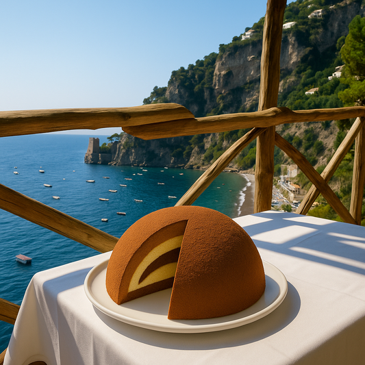 A dome-shaped layered chocolate cake with a slice removed sits on a white tablecloth-covered table on a balcony overlooking a coastal view of blue sea, rocky cliffs, and boats under a clear sky.
