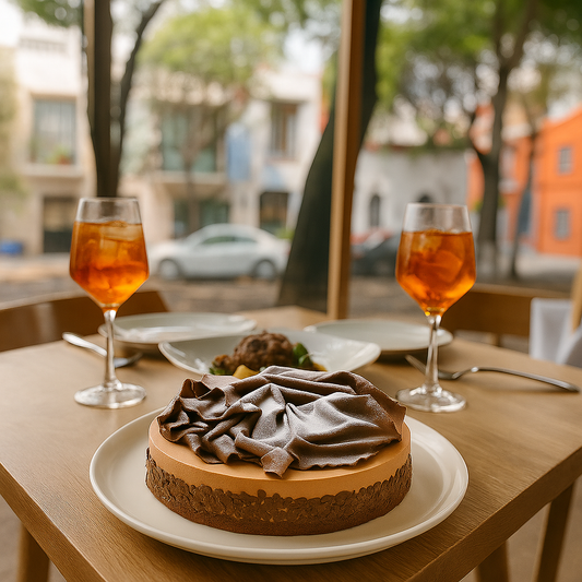 A chocolate truffle semifreddo cake on a white plate sits on a wooden restaurant table, surrounded by two glasses of orange Aperol Spritz and plates of savory food, with a bright city street visible through large windows in the background.