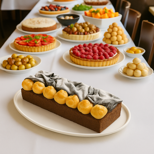 A rectangular chocolate cake topped with golden cream puffs and dusted with powdered sugar sits on a white platter in the foreground of a dessert buffet table, surrounded by fruit tarts, fresh fruits, and other assorted desserts arranged on white dishes.