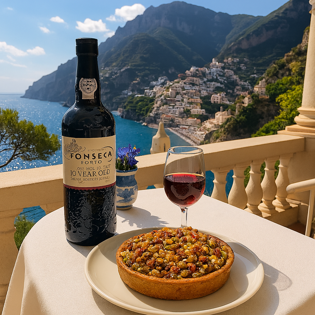A nut and fruit tart on a white plate sits on a table beside a bottle of Fonseca 10-Year-Old Tawny Port and a glass of red wine. Behind them, a scenic coastal view of Positano’s hillside buildings and the sparkling blue sea stretches under a bright blue sky, framed by lush greenery and mountains.
