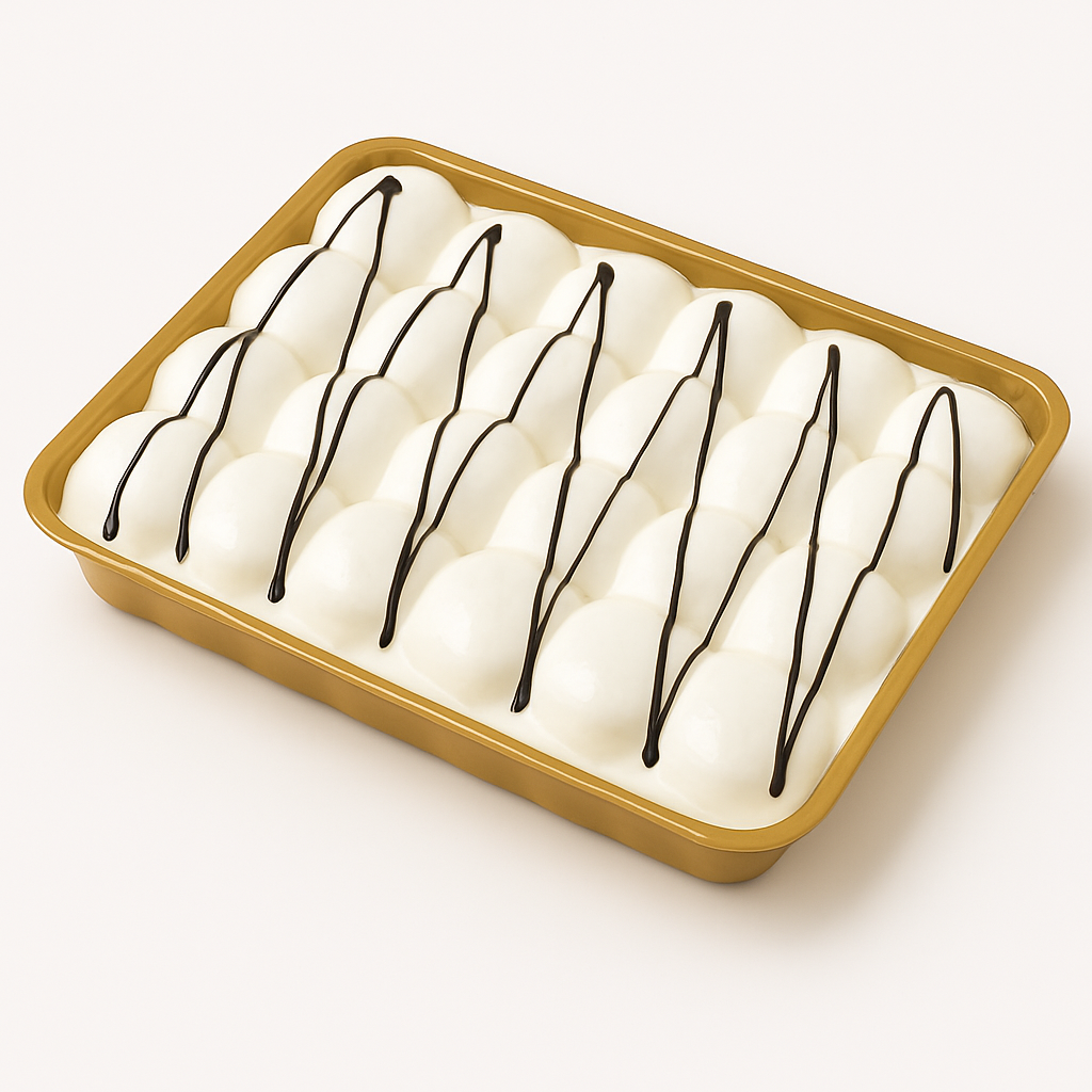 A golden rectangular tray filled with white dome-shaped desserts, arranged in neat rows, each topped with diagonal dark chocolate drizzles. The tray rests on a pale, neutral surface, captured from an angled side view.