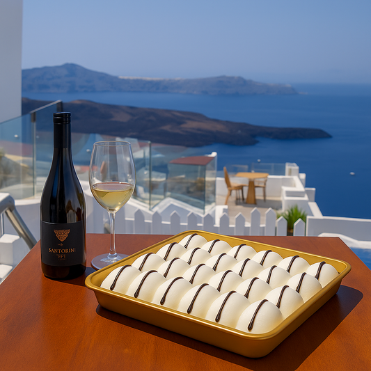 A golden tray of dome-shaped white desserts with chocolate drizzles sits on a wooden table, beside a bottle of Santorini wine and a glass of white wine. In the background, white buildings and railings overlook the deep blue Aegean Sea and distant islands under a clear sky.