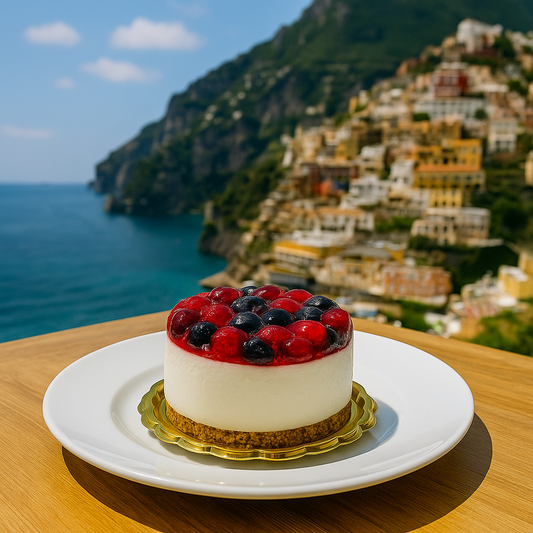 Individual wild berry cheesecake on a white plate with a gold base, topped with vibrant berries, photographed against a scenic coastal village and ocean backdrop.