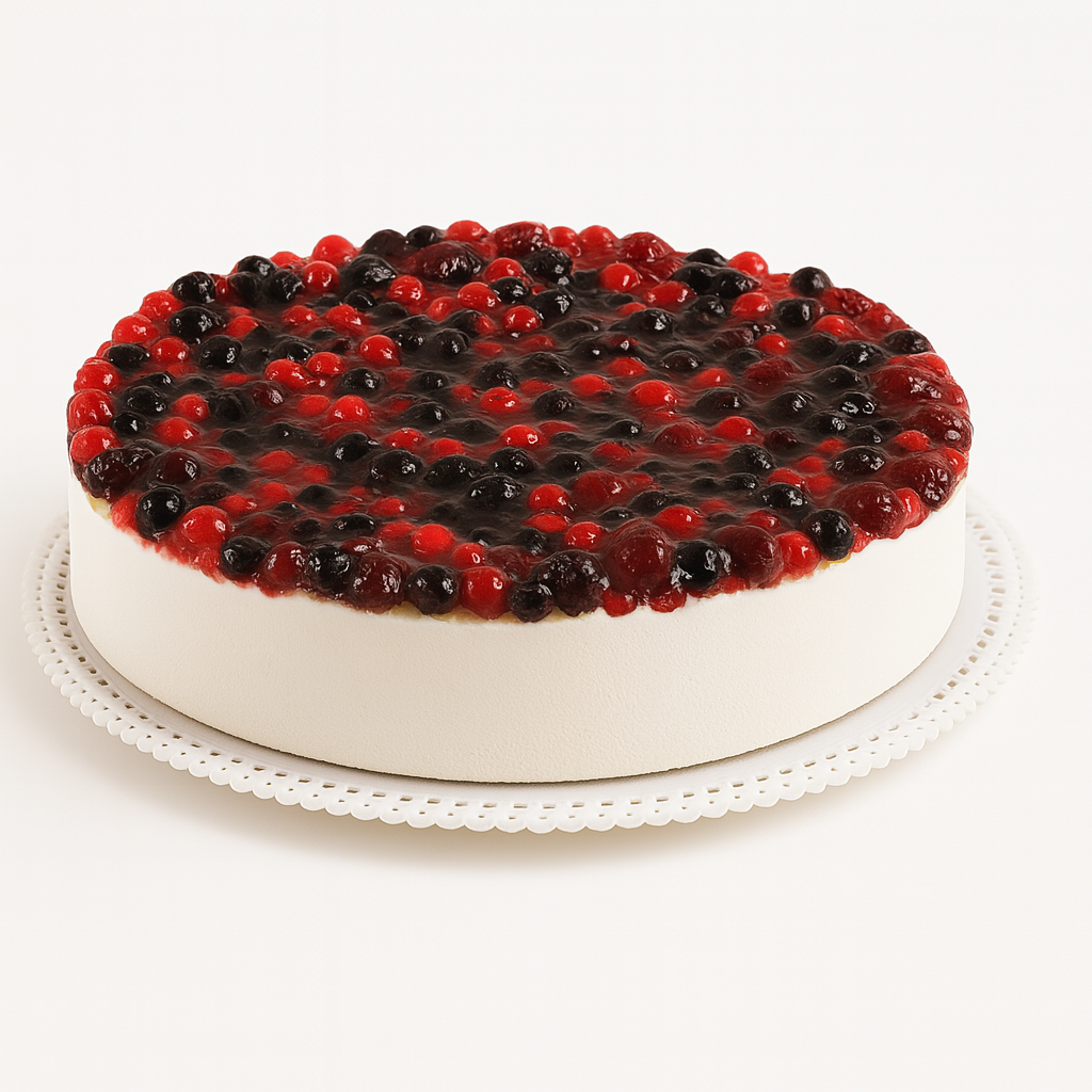 A round cheesecake with a smooth white exterior, topped with a glossy layer of mixed red and dark berries set in clear glaze, displayed on a white lace-edged platter