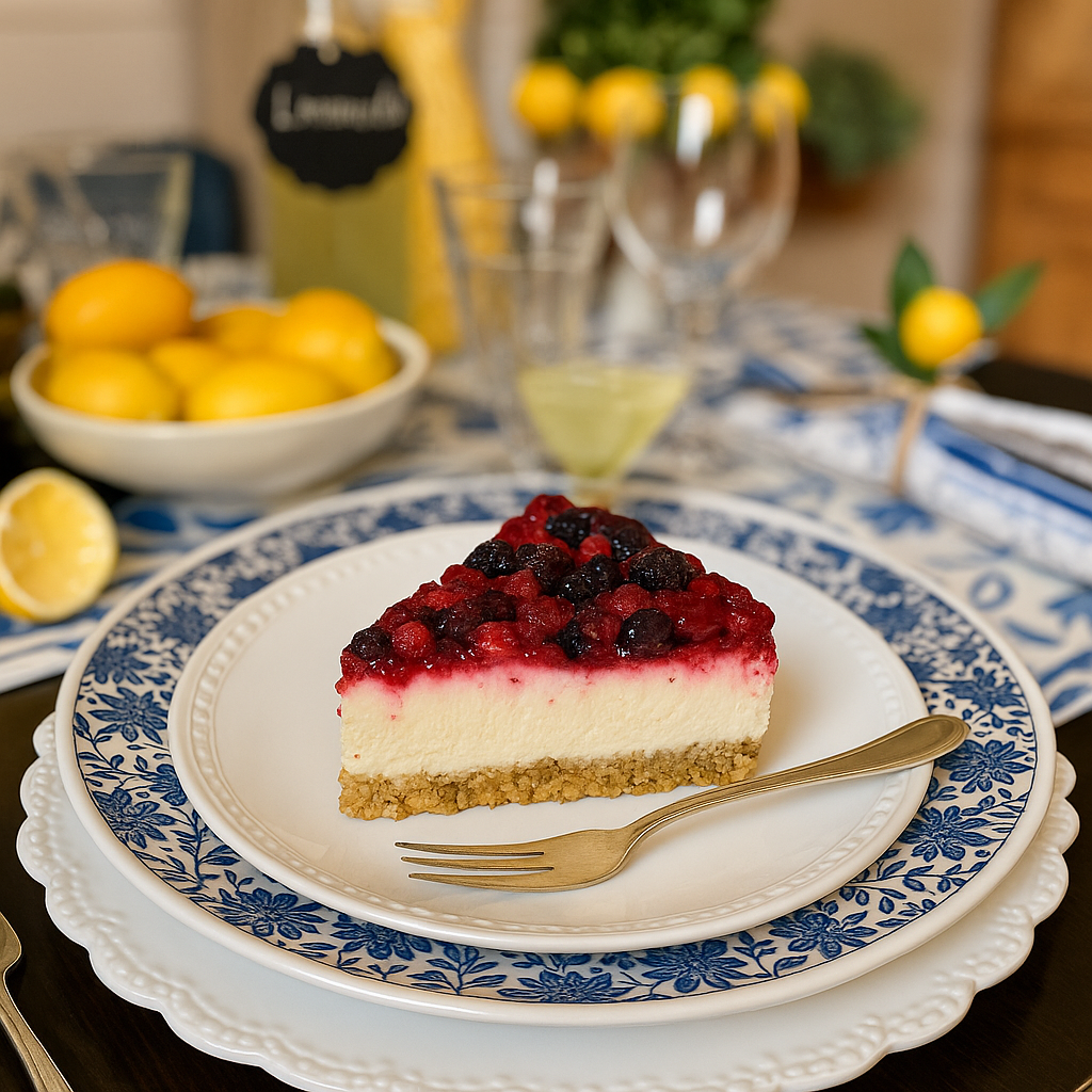 A slice of berry cheesecake on a white plate with a blue floral border. The slice has a crumbly biscuit crust, creamy white cheesecake layer, and a vibrant topping of red and dark berries. The background shows a table set with lemons, glasses, and a bottle of lemonade.
