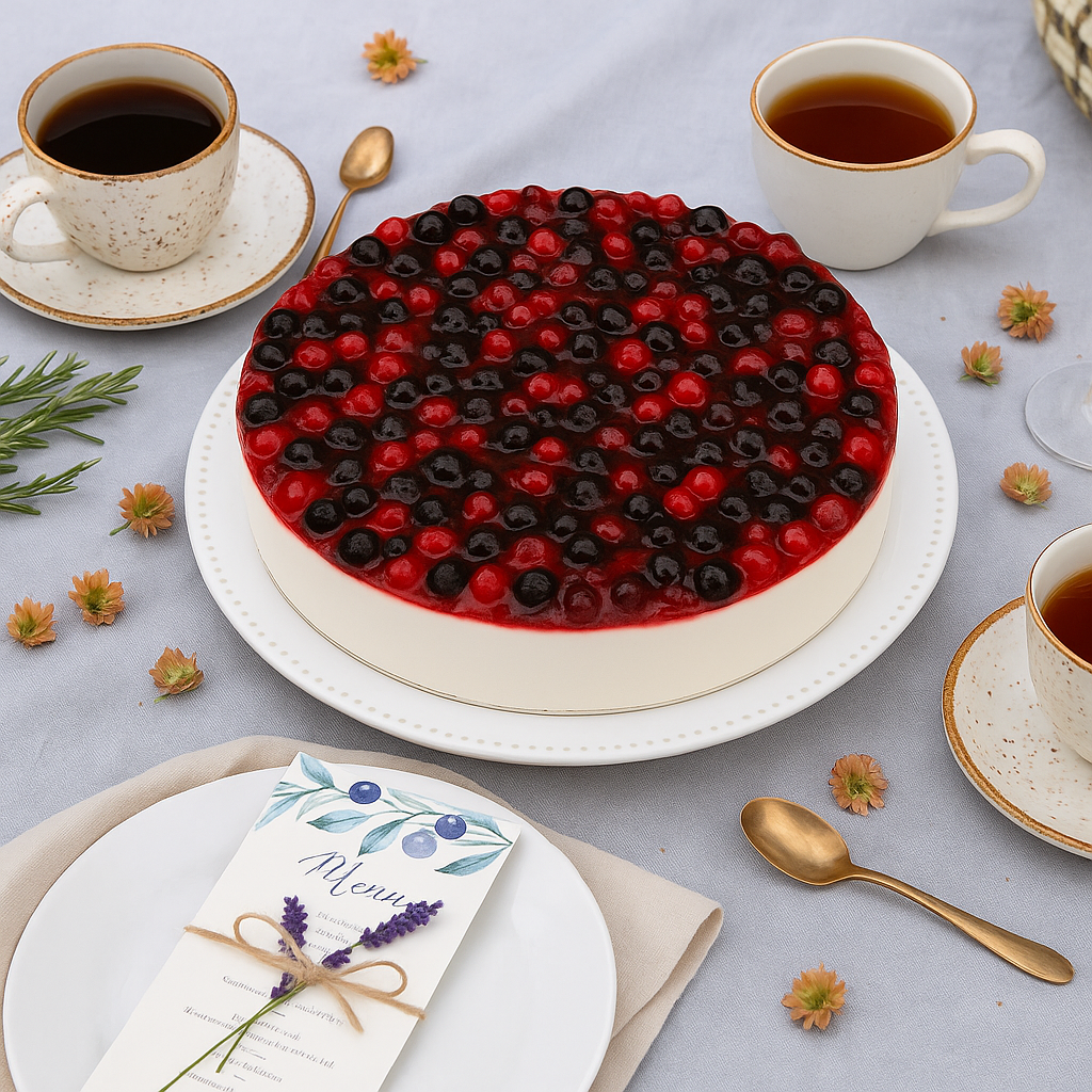 A round berry cheesecake topped with glossy red and dark berries sits on a white plate, placed on a light blue tablecloth. Surrounding the cake are cups of tea or coffee, golden teaspoons, sprigs of rosemary, small flowers, and a white plate with a folded menu decorated with lavender and twine. The scene has an elegant, rustic table setting.