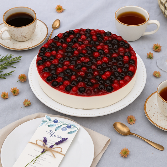 A round berry cheesecake topped with glossy red and dark berries sits on a white plate, placed on a light blue tablecloth. Surrounding the cake are cups of tea or coffee, golden teaspoons, sprigs of rosemary, small flowers, and a white plate with a folded menu decorated with lavender and twine. The scene has an elegant, rustic table setting.