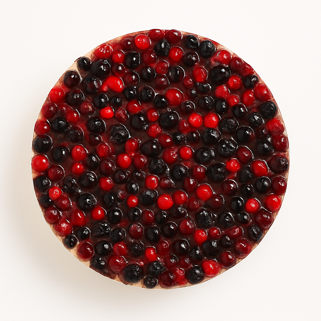 Top-down view of a round cheesecake topped with a dense layer of glossy red and dark berries, arranged in a random pattern across the surface, against a plain white background.