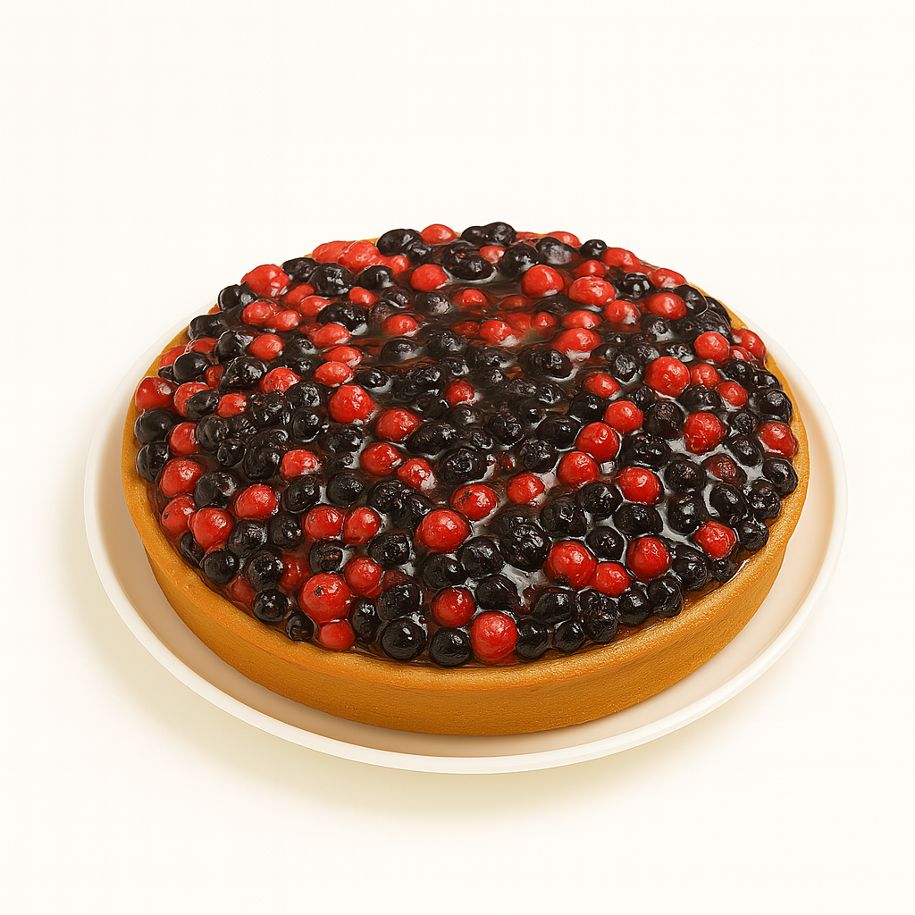A wild berry tart viewed from a slight side angle, sitting on a white ceramic plate. The tart’s golden-brown crust is topped with a glossy mixture of red and black berries, creating a vibrant and colorful presentation against a white background.