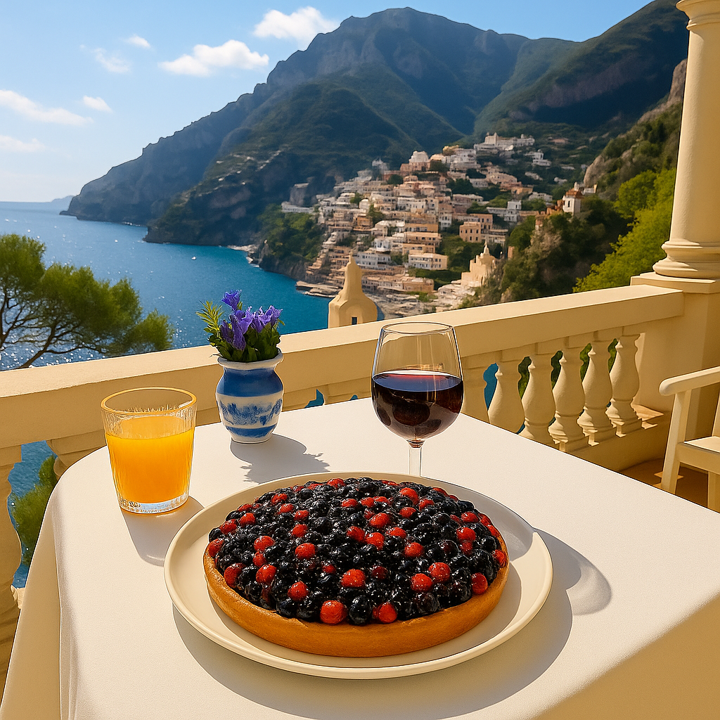 A wild berry tart sits on a white plate atop a balcony table overlooking the Amalfi Coast. Behind it, a glass of orange juice, a glass of red wine, and a small blue-and-white vase with purple flowers are arranged. The background features the bright blue sea, mountains, and the clustered pastel buildings of a coastal town under a sunny sky.