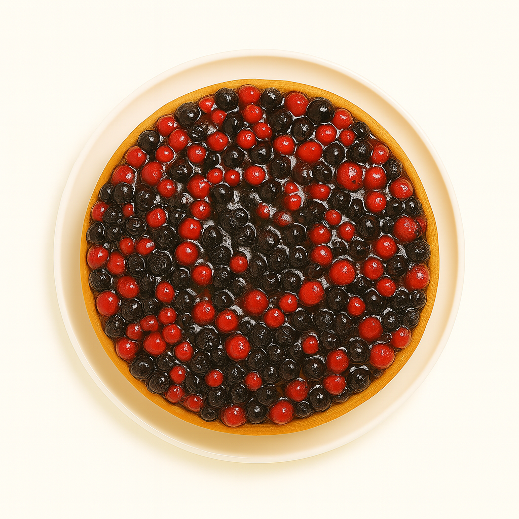 A top-down view of a wild berry tart displayed on a white ceramic plate, featuring a golden-brown crust topped with glossy red and black berries arranged densely across the surface, set against a plain white background.