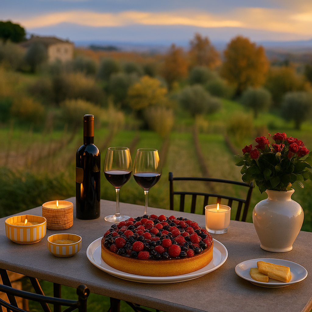 A wild berry tart is displayed outdoors on a table set for dining in a vineyard landscape at sunset. The tart sits on a white plate surrounded by lit candles, a bottle of red wine, two glasses of red wine, and small bowls of snacks. In the background, rows of vineyard vines stretch toward a softly colored sky, creating a warm, inviting atmosphere.