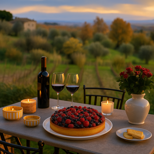 A wild berry tart is displayed outdoors on a table set for dining in a vineyard landscape at sunset. The tart sits on a white plate surrounded by lit candles, a bottle of red wine, two glasses of red wine, and small bowls of snacks. In the background, rows of vineyard vines stretch toward a softly colored sky, creating a warm, inviting atmosphere.