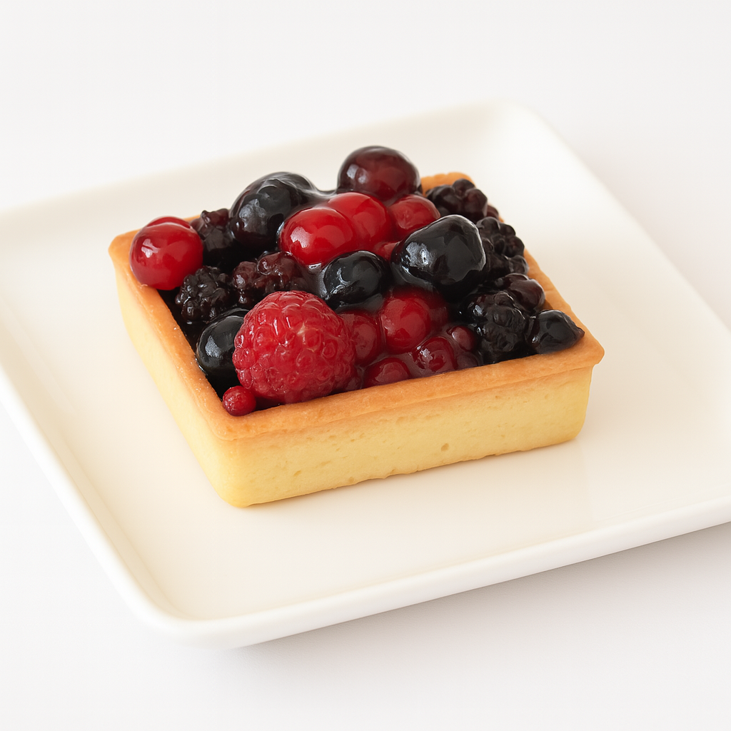 A close-up of a square fruit tart on a white square plate. The tart is filled with shiny, fresh mixed berries including raspberries, blackberries, blueberries, and red currants. The background is plain white, emphasizing the tart’s vivid colors and smooth crust.