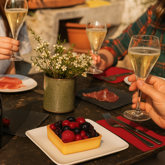 A vibrant mixed berry tart sits on a white square plate on an outdoor table. The tart is filled with glossy red and dark berries. Around it, people raise champagne glasses in a toast, and there are plates with appetizers and a small green potted plant on the rustic table, creating a lively alfresco dining scene.