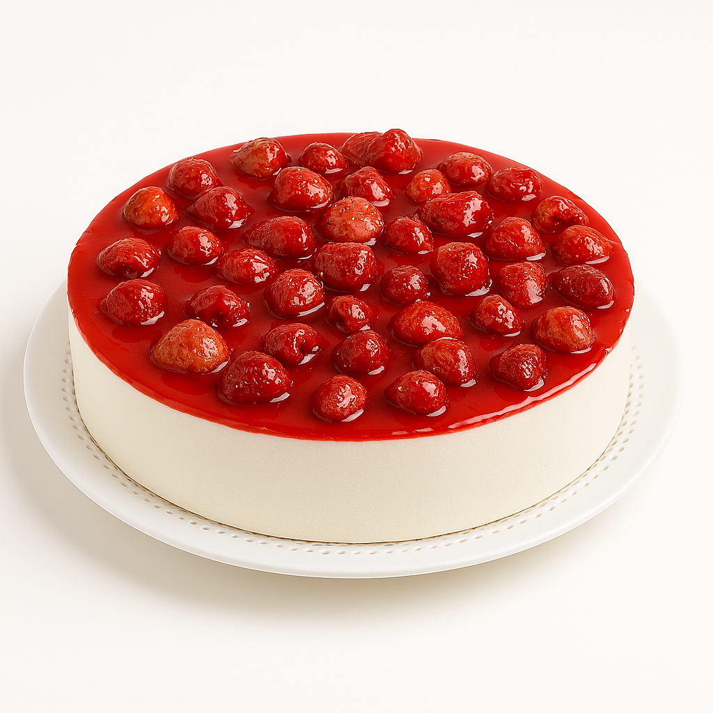 A round strawberry cake on a white plate, featuring a smooth, creamy white exterior and a glossy red topping covered with whole glazed strawberries.