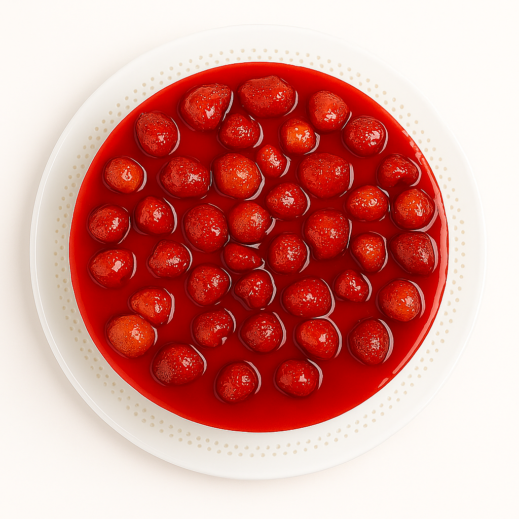 Top-down view of a round strawberry cake on a white plate, showing a shiny red glaze completely covered with whole strawberries arranged neatly across the surface.