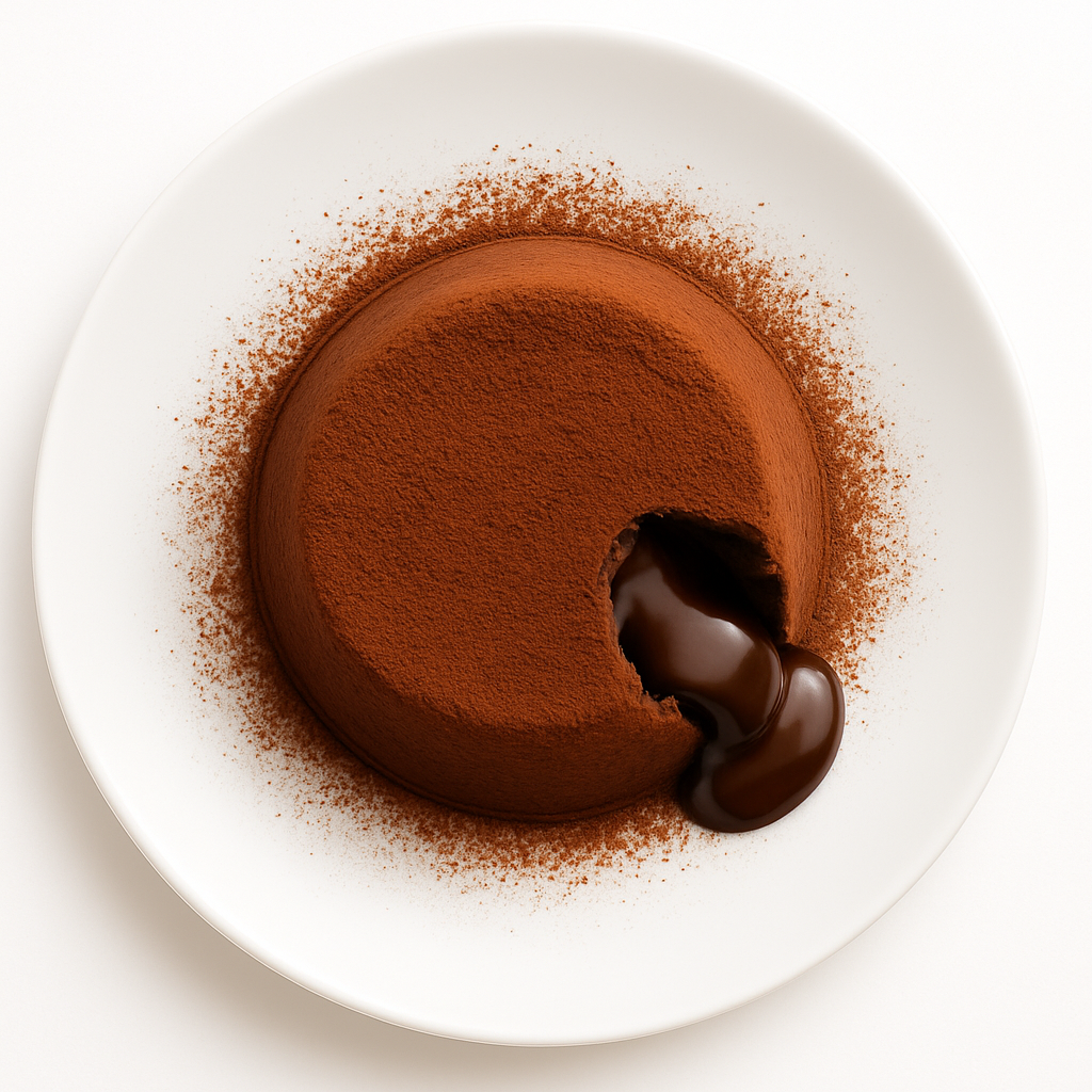 Overhead view of a chocolate lava cake dusted with cocoa powder on a white plate, with rich molten chocolate flowing from the center.