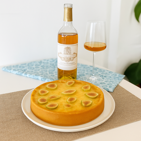 An American fig cheesecake sits on a white plate atop a woven beige placemat, accompanied by a bottle of golden Château Coutet wine and a glass partially filled with the same wine. A folded blue-and-white patterned napkin lies behind the wine bottle, and a green plant is visible in the softly blurred background.