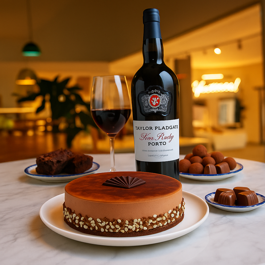 A chocolate mousse cake displayed on a white plate on a marble table, accompanied by a bottle of Taylor Fladgate Fine Ruby Port, a glass of red port wine, chocolate truffles, assorted chocolates, and brownies, all set against a warmly lit indoor background.