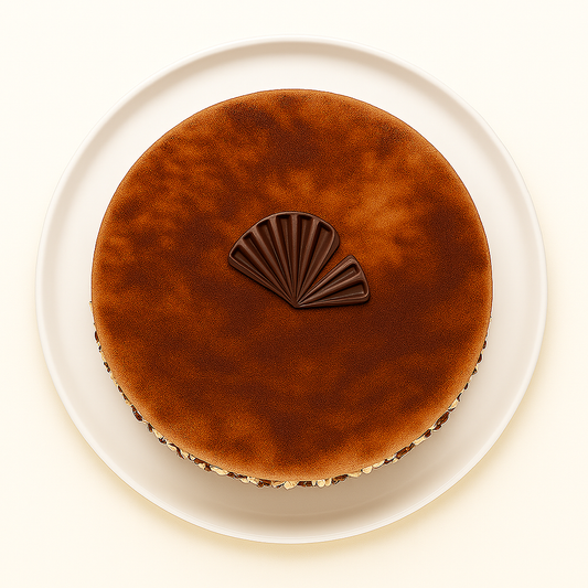 A top-down view of a round chocolate mousse cake with a marbled cocoa surface and a fan-shaped dark chocolate decoration in the center, placed on a white plate against a pale cream background.