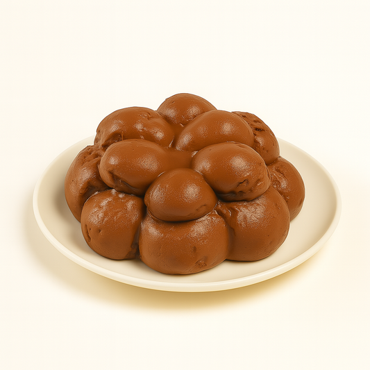 A braided chocolate bread, glossy and round, displayed on a simple white plate against a cream-colored background.