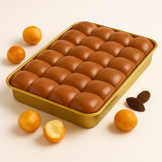 Rectangular gold tray filled with neatly arranged 24 domed portions of glossy chocolate dessert, surrounded by small golden cream puffs and whole almonds on a light beige background.
