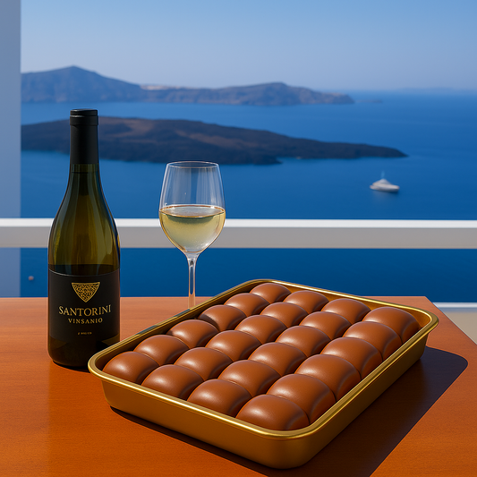 A golden tray filled with glossy chocolate domes arranged in neat rows sits on a wooden table overlooking the blue waters and caldera of Santorini. Beside the tray is a bottle of Santorini Vinsanio white wine and a filled wine glass, under a bright blue sky.