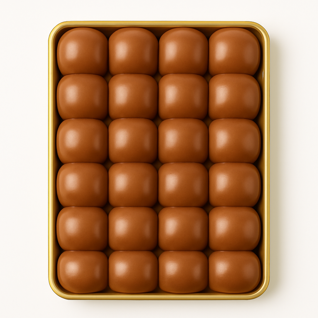 A top-down view of a golden rectangular tray holding 24 smooth milk chocolate domes arranged in a 4 by 6 grid. The tray sits against a plain white background, highlighting the uniform, glossy surface of each chocolate piece.