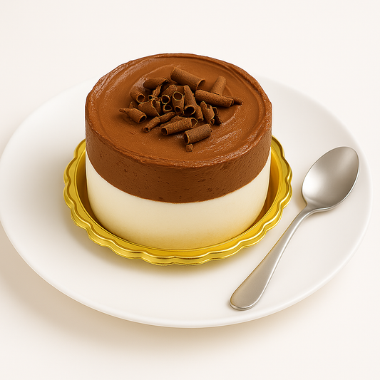 Layered chocolate mousse cake on a gold base and white plate, garnished with chocolate curls, accompanied by a silver spoon.