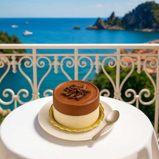 Layered chocolate mousse cake on a gold base and white plate, topped with chocolate curls, photographed on a table with a scenic coastal view.