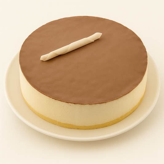 A round cheesecake topped with a smooth layer of chocolate and a single white chocolate curl, placed on a white plate against a plain cream background.