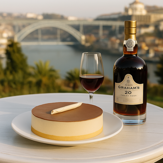 A chocolate-topped cheesecake with a white chocolate curl sits on a white plate next to a bottle of Graham’s 20-year Tawny Port and a glass of port wine, displayed outdoors on a white table with a scenic river and bridge in the blurred background.