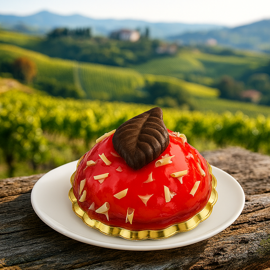 Red dome dessert on a gold base and white plate, topped with white chocolate curls and a dark chocolate leaf, photographed outdoors with vineyards and rolling hills in the background.