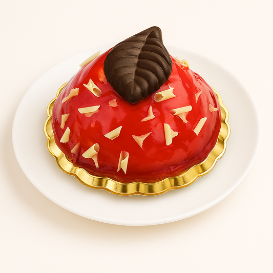 Glossy red dome-shaped dessert on a gold base and white plate, decorated with white chocolate curls and a dark chocolate leaf.