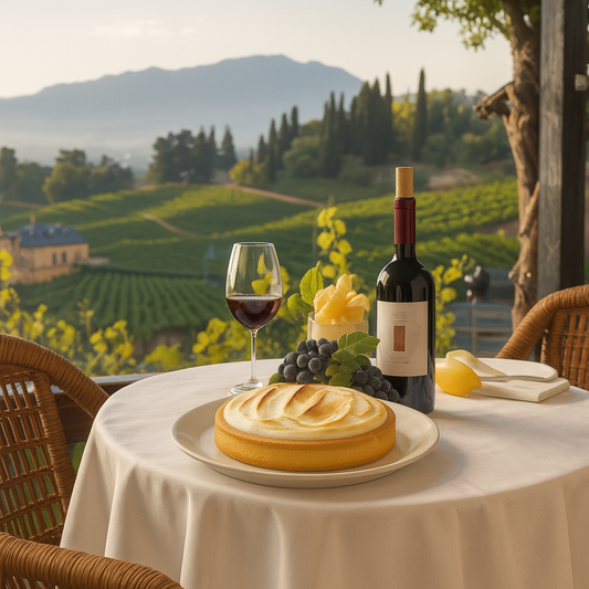 A lemon meringue pie on a white-clothed table set outdoors overlooking a scenic vineyard with rolling green hills and distant mountains. A glass of red wine, a bottle of wine, grapes, and a dessert cup with fruit garnish are arranged beside the pie, creating a warm, elegant dining atmosphere.

