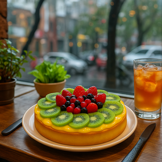 A fruit tart topped with kiwi slices, strawberries, and mixed berries is displayed on a white plate on a wooden table near a café window. The background shows blurred cars and trees outside on a rainy day, with a glass of iced tea and potted herbs nearby.

