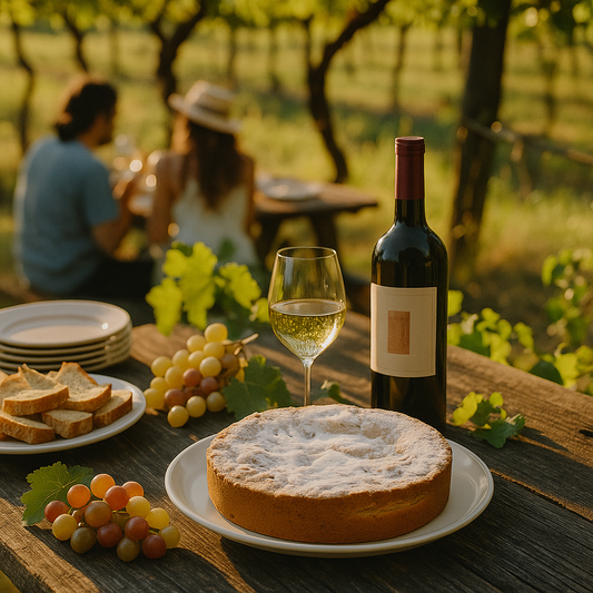 A rustic outdoor picnic scene in a vineyard at golden hour, featuring a round cake dusted with powdered sugar on a white plate, a glass of white wine, a bottle of wine, bunches of grapes, and slices of bread on a wooden table. In the blurred background, a man and woman sit together at a picnic table surrounded by grapevines.