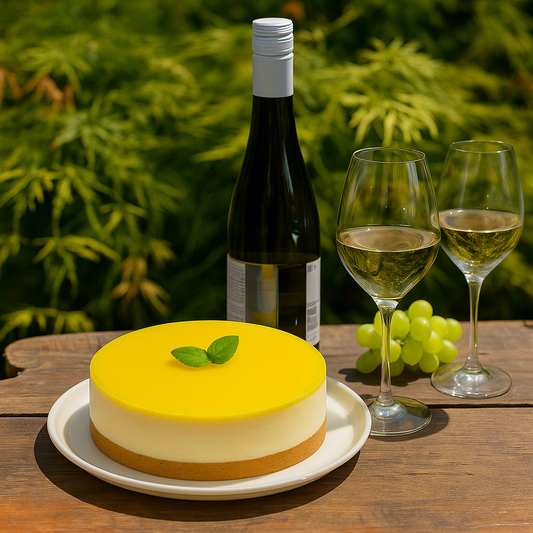 A lemon mousse cake with a bright yellow top layer and a biscuit base sits on a white plate on a rustic wooden outdoor table, accompanied by a bottle of white wine, two glasses of white wine, and green grapes, with lush greenery in the background.