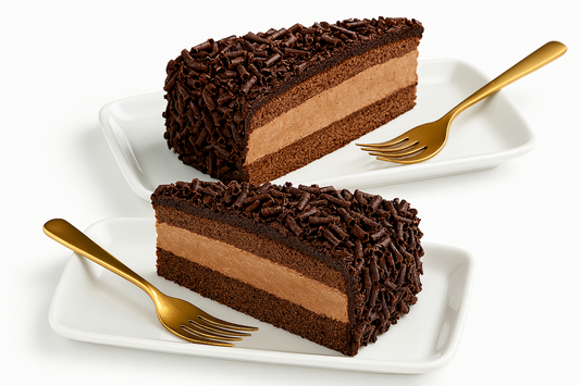 Two slices of chocolate layer cake with chocolate shavings on top and a thick chocolate cream filling, each placed on a white rectangular plate with a gold dessert fork, against a plain white background.







Ask ChatGPT
